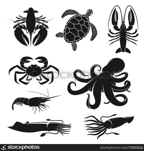 Seafood and fishery crustacean, animals silhouette icons. Vector octopus, shrimp or prawn and ocean cuttlefish, lobster or crab and turtle, sea crawfish and crayfish sea food symbols. Seafood, octopus, turtle, shrimp and crustaceans