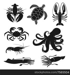 Seafood and fishery crustacean, animals silhouette icons. Vector octopus, shrimp or prawn and ocean cuttlefish, lobster or crab and turtle, sea crawfish and crayfish sea food symbols. Seafood, octopus, turtle, shrimp and crustaceans