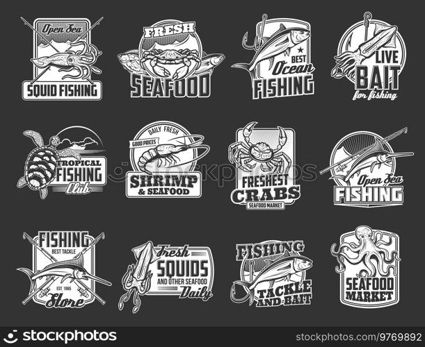Seafood and fishing sport icons, rods for fish and tuna or octopus vector symbols. Seafood market and fisher store icons with tackles and baits, ocean squid, sea shrimp and marlin. Seafood and fishing sport icons, rods and fish