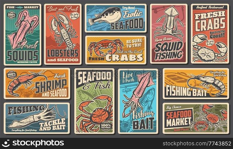 Seafood and fishing vector retro banners. Puffer fish, squid and crab with shrimps and cuttlefish exotic restaurant or fish market production. Underwater animals open ocean fishing vintage cards set. Seafood and fishing vector retro banners set.