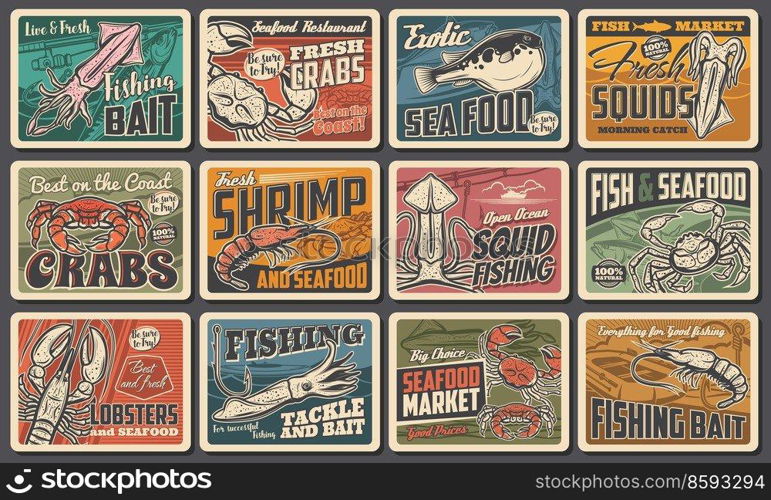 Seafood and fishing vector retro banners. Underwater animals puffer fish, squid and crab with shrimps and cuttlefish, exotic restaurant or fish market production, open ocean fishing vintage cards set. Seafood and fishing vector retro banners set.