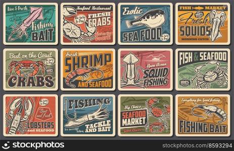 Seafood and fishing vector retro banners. Underwater animals puffer fish, squid and crab with shrimps and cuttlefish, exotic restaurant or fish market production, open ocean fishing vintage cards set. Seafood and fishing vector retro banners set.