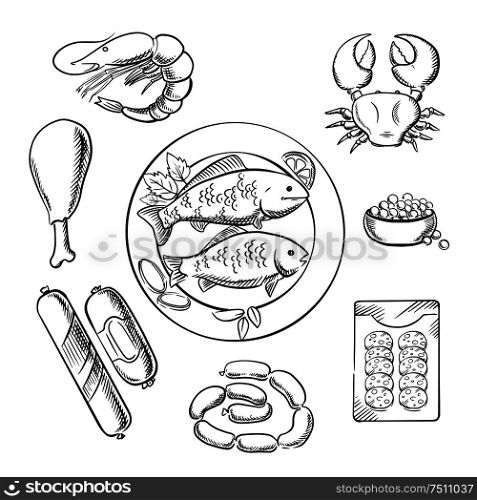 Seafood and meat sketched icons with fish, crab, prawn, caviar, sausage, wurst and chicken. For cafe or restaurant menu design. Sketch vector. Seafood and meat sketched icons