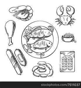 Seafood and meat sketched icons with fish, crab, prawn, caviar, sausage, wurst and chicken. For cafe or restaurant menu design. Sketch vector. Seafood and meat sketched icons
