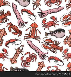Seafood animals seamless pattern. Vector sea and ocean habitats, crab lobster crustaceans, shrimp and squid. Exotic fugu fish and prawn, crayfish delicatessen, underwater food mediterranean cuisine. Crab, lobster, shrimp, fugu fish seamless pattern