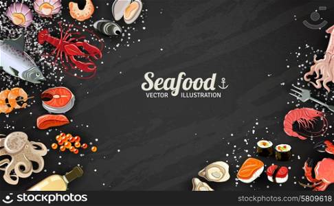 Seafood background with fish prawns and sushi delicacy vector illustration. Seafood And Fish Background