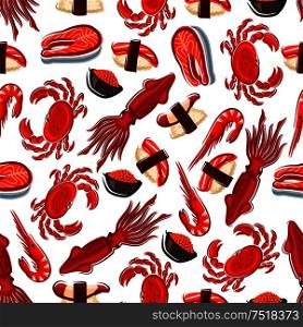 Seafood background with fresh salmon steaks, shrimps, crabs and squids, japanese nigiri sushi with clam and tuna, salted red caviar seamless pattern. Use as restaurant takeaway food packaging or menu backdrop design. Seamless fish, sushi and crustaceans pattern