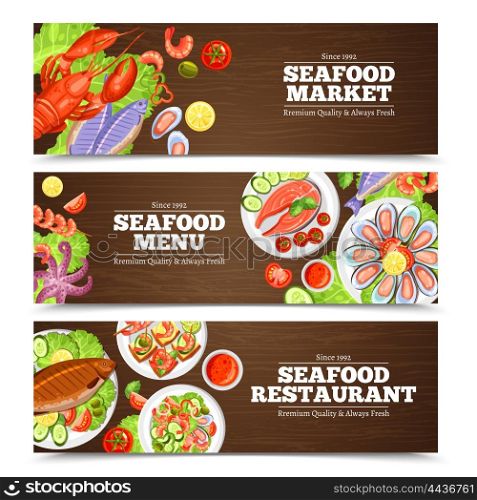 Seafood Banners Design. Color horizontal banners with title for seafood market menu or restaurant vector illustration