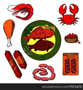 Seafood, chicken and meat food icons with fish, crab, prawn, caviar, sausage, wurst and chicken for shop or restaurant menu design. Seafood, chicken and meat food
