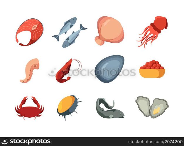 Seafood colored. Ocean delicious natural products marine fish squids oysters sliced crab garish exotic seafood vector pictures. Market and restaurant menu icins seafood illustration. Seafood colored. Ocean delicious natural products marine fish squids oysters sliced crab garish exotic seafood vector pictures