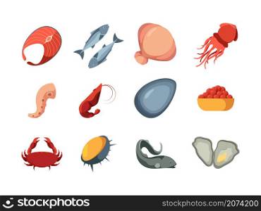 Seafood colored. Ocean delicious natural products marine fish squids oysters sliced crab garish exotic seafood vector pictures. Market and restaurant menu icins seafood illustration. Seafood colored. Ocean delicious natural products marine fish squids oysters sliced crab garish exotic seafood vector pictures