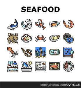 Seafood Cooked Food Dish Menu Icons Set Vector. Shrimp And Shellfish, Oyster And Fish, Crab And Scallops Delicious Seafood Line. Caviar And Octopus, Lobster And Squid Color Illustrations. Seafood Cooked Food Dish Menu Icons Set Vector