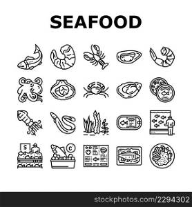 Seafood Cooked Food Dish Menu Icons Set Vector. Shrimp And Shellfish, Oyster And Fish, Crab And Scallops Delicious Seafood Line. Caviar And Octopus, Lobster And Squid Black Contour Illustrations. Seafood Cooked Food Dish Menu Icons Set Vector
