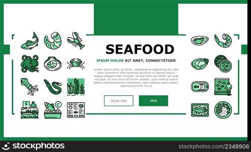 Seafood Cooked Food Dish Menu Landing Web Page Header Banner Template Vector. Shrimp And Shellfish, Oyster Fish, Crab And Scallops Delicious Seafood . Caviar Octopus, Lobster And Squid Illustration. Seafood Cooked Food Dish Menu Landing Header Vector