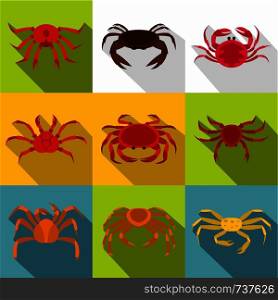 Seafood crab icon set. Flat style set of 9 seafood crab vector icons for web design. Seafood crab icon set, flat style