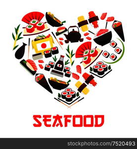 Seafood cuisine emblem in heart shape symbol with vector elements of oriental sushi rolls, salmon fish sashimi, steamed sticky rice, red caviar, ginger, soy sauce. Asian japanese kitchen decoration element. Seafood cuisine heart symbol with sushi icons