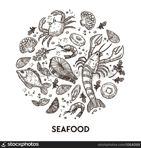 Seafood cuisine restaurant poster or dish menu design template. Vector clue circle with seafood lobster crab, shrimp prawn or fish and oyster, salmon and octopus with cooking spices. Seafood cuisine restaurant poster or dish menu design template