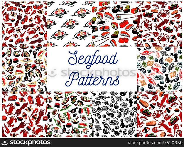 Seafood cuisine seamless patterns. Vector pattern of sushi, lobster, shrimp and crab, salmon steak and caviar, mussel, soy sauce, nori, miso soup, chopsticks. Asian oriental kitchen decoration. Seafood cuisine seamless patterns