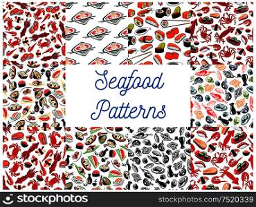 Seafood cuisine seamless patterns. Vector pattern of sushi, lobster, shrimp and crab, salmon steak and caviar, mussel, soy sauce, nori, miso soup, chopsticks. Asian oriental kitchen decoration. Seafood cuisine seamless patterns
