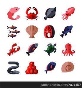 Seafood delicacies and cooking fish vector flat icons isolated on white. Crab and eel, snail and exotic mussel sea food illustration. Seafood delicacies and cooking fish vector flat icons isolated on white