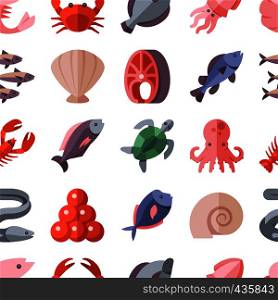 Seafood delicacies and cooking fish vector flat icons seamless background colored isolated illustration. Seafood delicacies and cooking fish vector flat icons seamless background