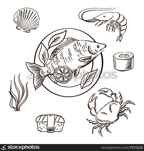 Seafood delicatessen with shrimp, sushi roll, crab, sushi nigiri, seaweed and shellfish, served on plate with lemon slices and salad leaves. Sketch style vector. Seafood sketches with fish, sushi, crab and shrimp