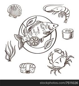 Seafood delicatessen with shrimp, sushi roll, crab, sushi nigiri, seaweed and shellfish, served on plate with lemon slices and salad leaves. Sketch style vector. Seafood sketches with fish, sushi, crab and shrimp