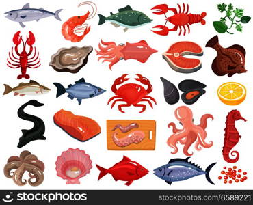 Seafood dinner menu items flat icons big set with crab crayfish oyster mollusk tuna salmon vector illustration . Seafood Flat Icons Big Set