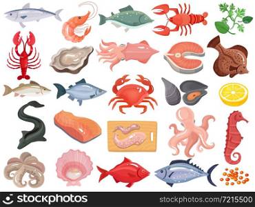 Seafood dinner menu items flat icons big set with crab crayfish oyster mollusk tuna salmon vector illustration . Seafood Flat Icons Big Set
