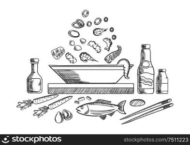 Seafood dish sketch with pieces of tuna, shrimps, mussels, olives and vegetables, sauce bottles, chopsticks, whole fish and bowl. Vector sketch. Seafood dish sketch with fish and vegetables