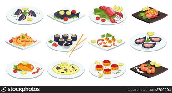 Seafood dishes. Festive fish meal asian japanese chinese traditional food cuisine, cartoon salmon steak crab meat sushi shrimp gourmet icons. Vector collection. Caviar, octopus and lobster. Seafood dishes. Festive fish meal asian japanese chinese traditional food cuisine, cartoon salmon steak crab meat sushi shrimp gourmet icons. Vector collection