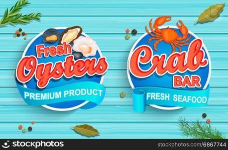 Seafood emblems on blue wooden background. Seafood emblems on blue wooden background. Fresh oysters and crab bar logos and emblems. Vector illustration.