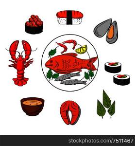 Seafood, fish and condiment elements with caviar and sushi, mussels and seaweed, red fish, salmon, sauce and lobster. Seafood, fish and condiment elements