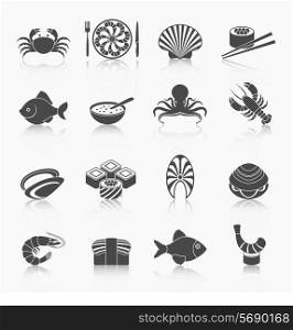 Seafood fish menu restaurant icons set black with soup octopus crawfish isolated vector illustration