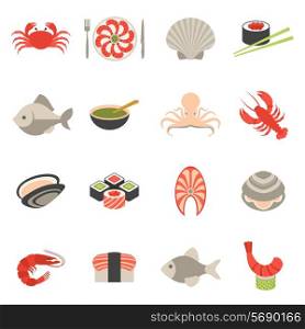 Seafood fish menu restaurant icons set flat with crab shrimps shell roll isolated vector illustration