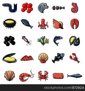Seafood fish ocean icons set. Cartoon illustration of 25 seafood fish ocean vector icons for web. Seafood fish ocean icons set, cartoon style
