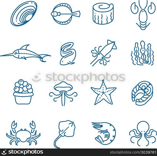 Seafood, fish thin line vector icons. Seafood, fish thin line vector icons. Marine fauna and flora illustration