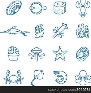 Seafood, fish thin line vector icons. Seafood, fish thin line vector icons. Marine fauna and flora illustration