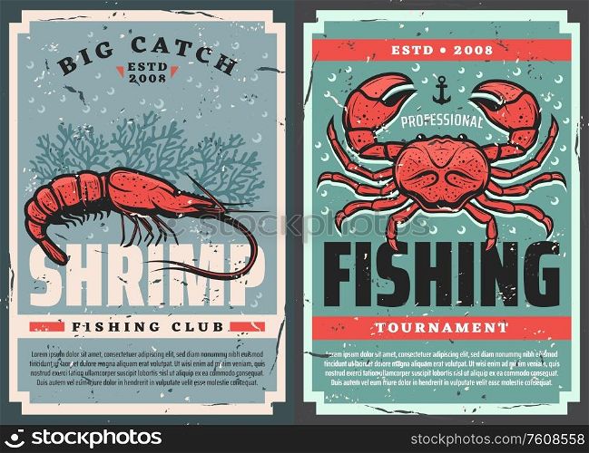 Seafood fishing club and fisher tournament, vector retro vintage posters. Professional fisherman lures and tackles for seafood shrimp, prawn and ocean lobster crab, corals and ship anchor. Retro posters, seafood shrimps and crab fishing