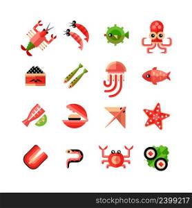Seafood flat color icon set with octopus shrimp sushi starfish and bank of caviar in cartoon style isolated vector illustration. Seafood Isolated Icon Set