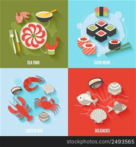 Seafood flat icons set with sushi menu lobster bar delicacies isolated vector illustration
