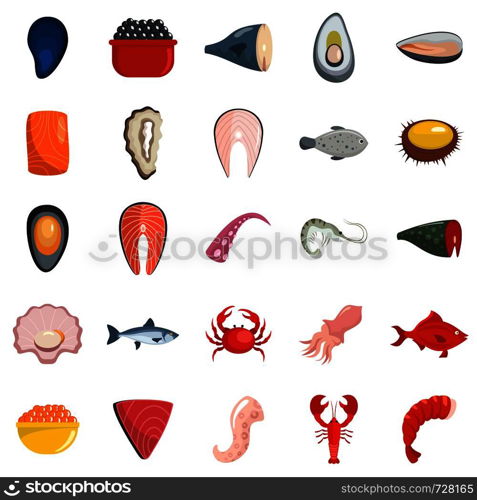 Seafood fresh fish food icons set. Flat illustration of 25 seafood fresh fish food vector icons isolated on white. Seafood fresh fish food icons set vector isolated