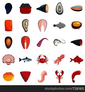 Seafood fresh fish food icons set. Flat illustration of 25 seafood fresh fish food vector icons isolated on white. Seafood fresh fish food icons set vector isolated
