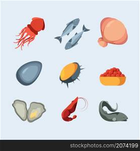 Seafood. Fresh marine products scallop fish squids crab delicious cuisine ingredients garish vector seafood colored flat illustration set isolated. Squid and shrimp, marine food to restaurant menu. Seafood. Fresh marine products scallop fish squids crab delicious cuisine ingredients garish vector seafood colored flat illustration set isolated