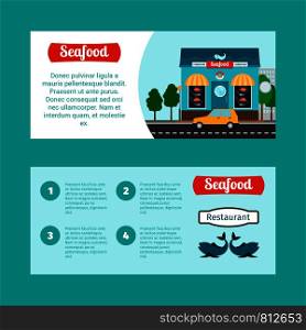 Seafood house horizontal flyers with shop building and landscape, vector illustration. Seafood house horizontal flyers