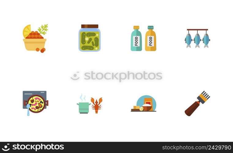 Seafood Icon Set. Red Caviar With Lemon And Dill Pickled Cucumbers Jar Food In Tubes Dried Fish Cooking Spanish Paella Cooking Lobster Cooking Ingredients Beekeeping Fork