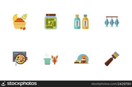 Seafood Icon Set. Red Caviar With Lemon And Dill Pickled Cucumbers Jar Food In Tubes Dried Fish Cooking Spanish Paella Cooking Lobster Cooking Ingredients Beekeeping Fork
