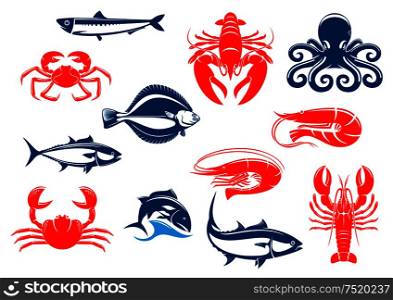 Seafood icon set with fish and crustacean. Crab, shrimp, salmon, lobster, octopus, tuna, prawn, flounder, crayfish, anchovy isolated icons for seafood menu and fishing sport design. Seafood icon set with fish and crustacean