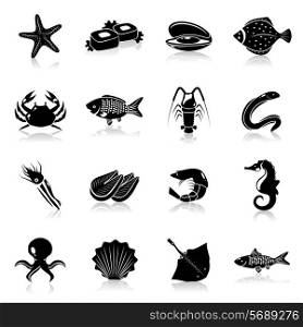 Seafood icons black set with starfish prawn lobster clam isolated vector illustration