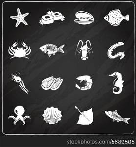 Seafood icons chalkboard set with sushi sea food restaurant menu isolated vector illustration